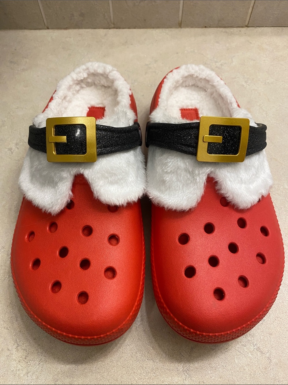 CROCS Red Faux-Fur Holiday Clogs with Black Strap and Gold Buckle Unisex